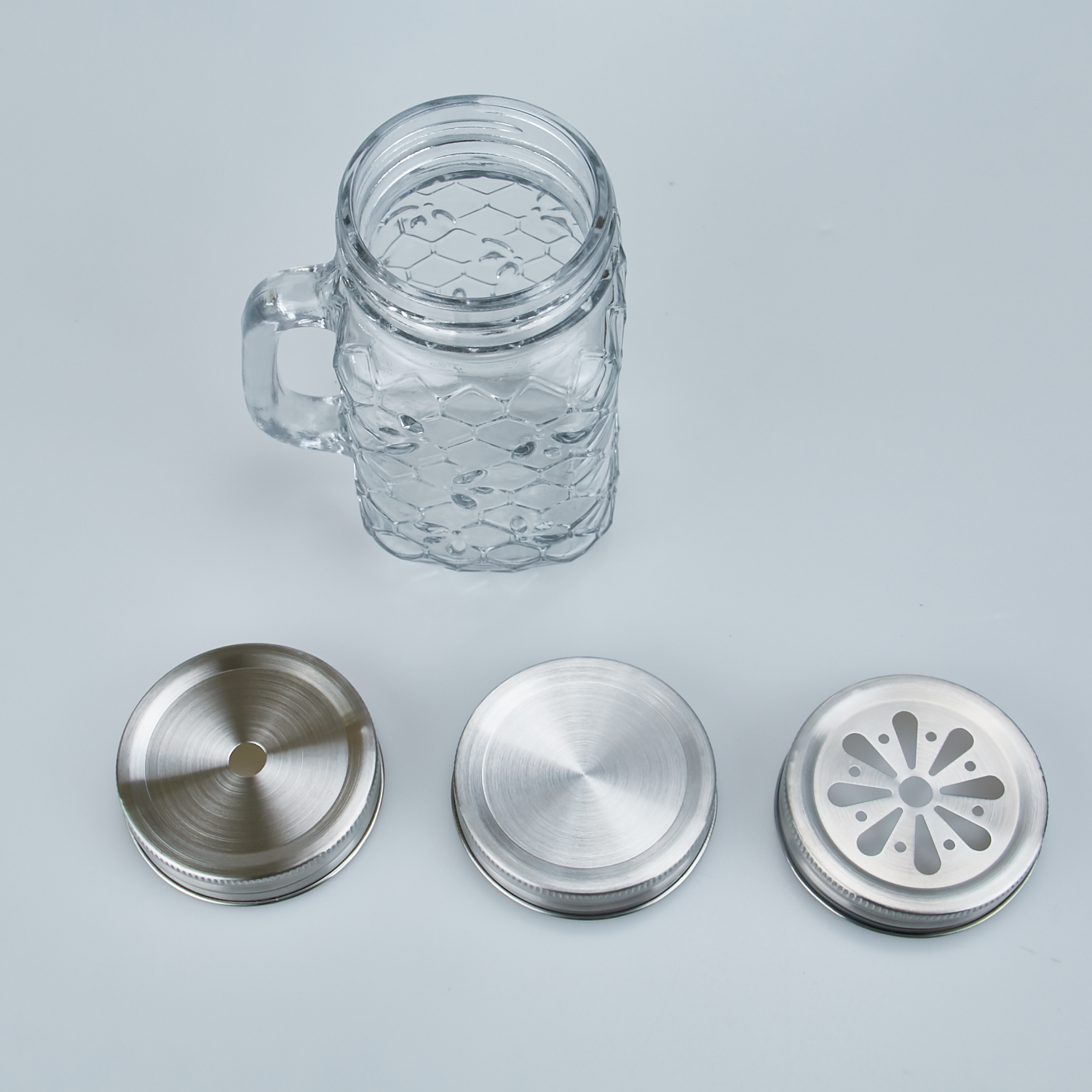 Glass Mason Jar with Stainless steel lid/cap and glass straw 