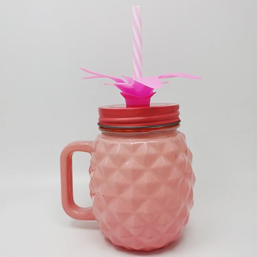 Mason Handle jar with Straw in Pink Pineapple Shape