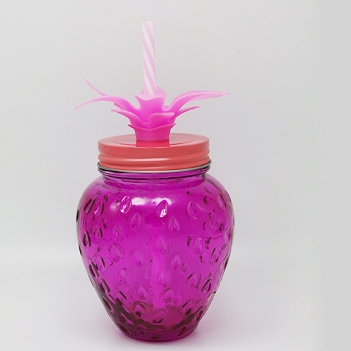  Red color juice glass jar with straw in the shape of strawberry